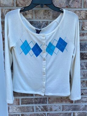 Vintage 90s/Y2K Rue21 White/Cream Cardigan W Blue Argyle Size L Juniors